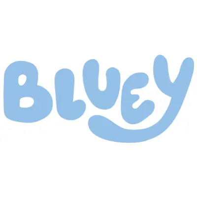 Lichtblauwe tekst met de letters “BLUEY” in een speels, rond lettertype op een witte achtergrond.
