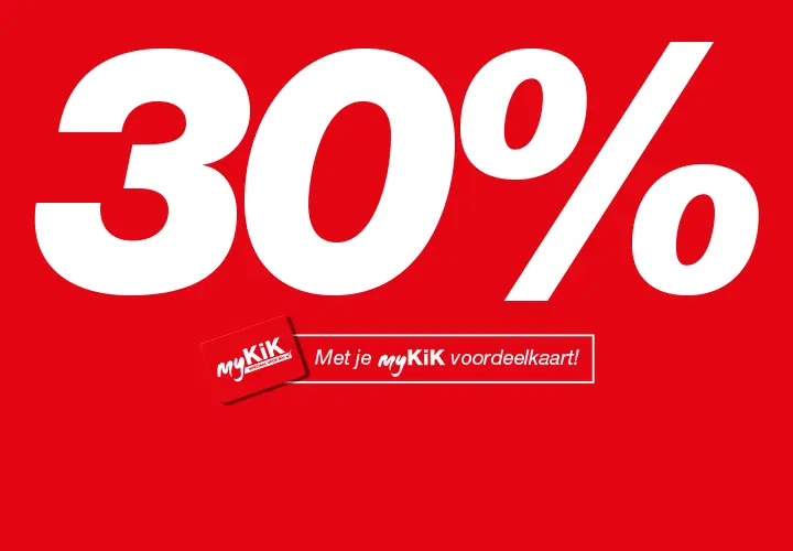 30% korting op kleding en accessoires Rode achtergrond met vetgedrukte witte tekst waarin “30%” staat en een promotieboodschap voor houders van een myKiK-kaart.