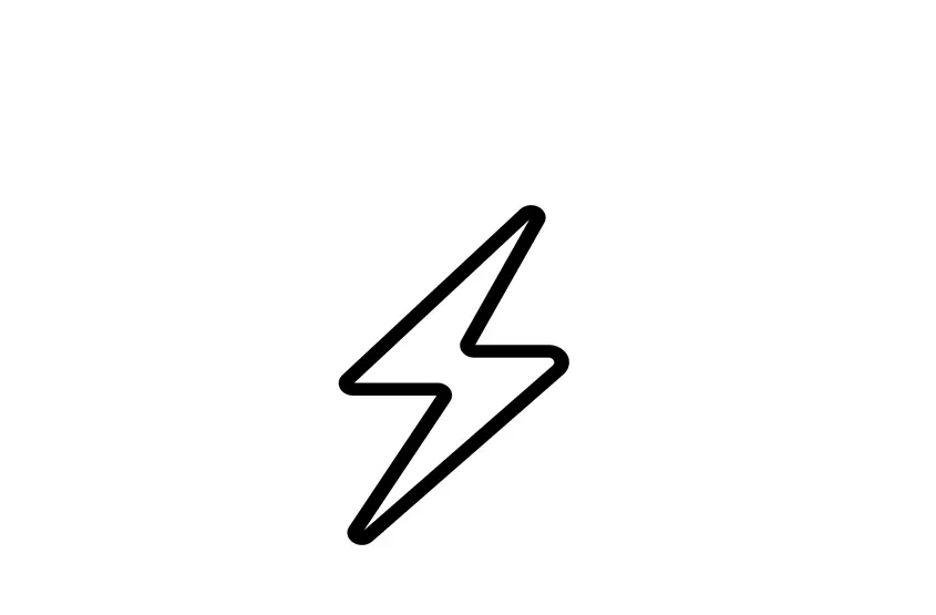 Eenvoudige zwarte omtrek van een bliksemsymbool op een witte achtergrond.