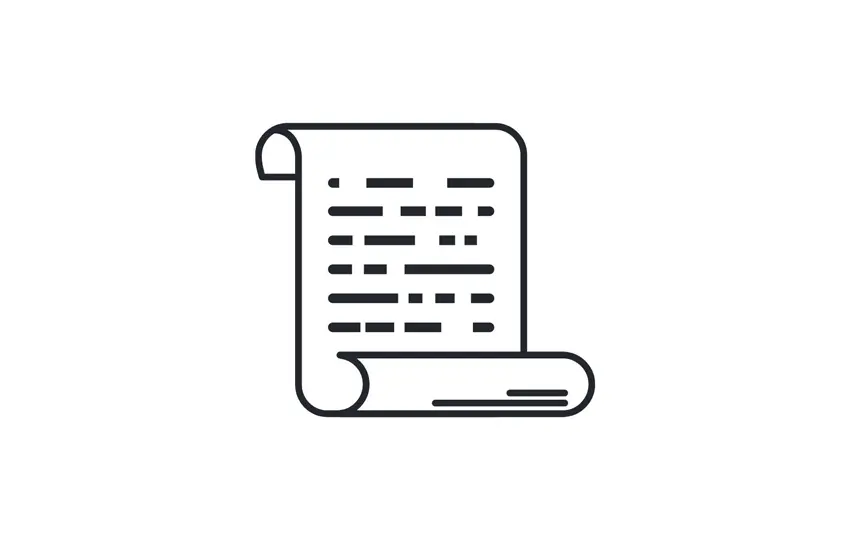 Eenvoudige lijntekening van een rol met tekst, als symbool voor historische documenten of schriftelijke verslagen.