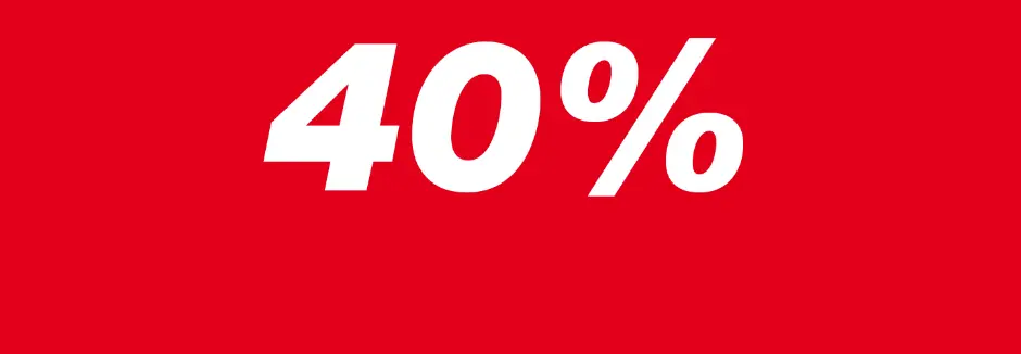 Witte, vetgedrukte “40%”-tekst op een felrode achtergrond als aanduiding van korting.