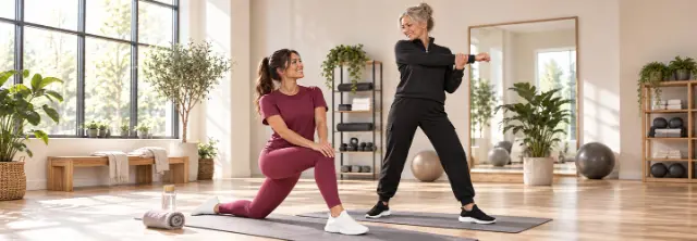 Dames in sportieve outfits tijdens een training in de fitnessruimte