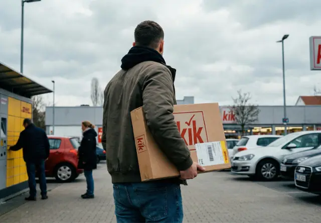 Een man draagt een KiK-pakket voor een KiK-winkel, op de achtergrond zijn geparkeerde auto's en een bewolkte hemel te zien.