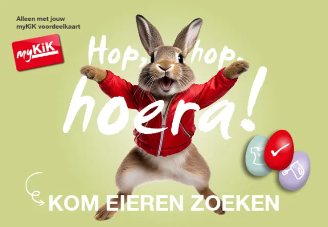 een frolijke haas in een rode jas viert Pasen met kleurrijke eieren en heeft een verrassingskortingsaktie voor de bezitter van de Mykik -kaart. een frolijke haas in een rode jas viert Pasen met kleurrijke eieren en heeft een verrassingskortingsaktie voor de bezitter van de Mykik -kaart.