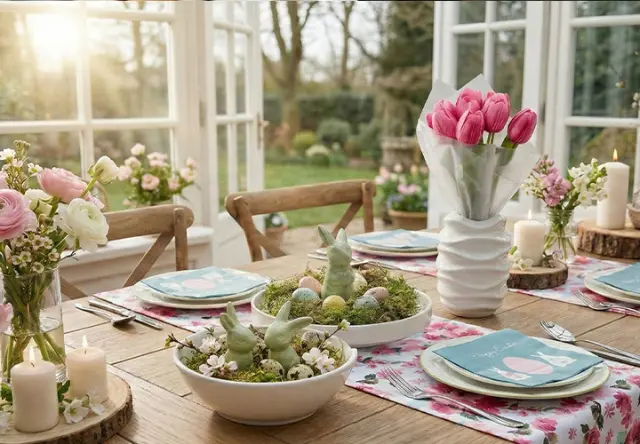Een prachtig gedekte eettafel met bloemenversiering, pastelkleurige borden en een paascadeau met konijnenthema als centerpiece, baadend in zacht zonlicht.