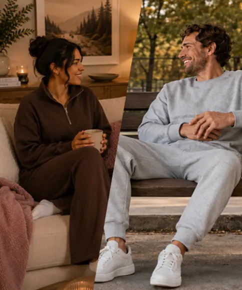 Dames en heren in comfortabele sweatoutfits in bruin, grijs en zwart voor ontspannen vrijetijdslooks