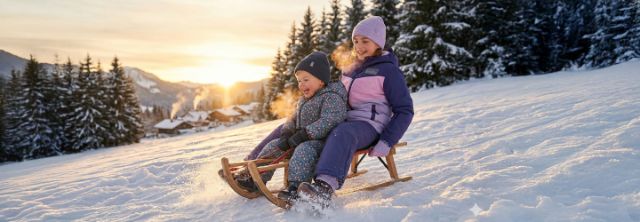 Een gezin geniet van een besneeuwd park, gekleed in winterkleding, samen staand tussen bomen en een witte sneeuwdeken.