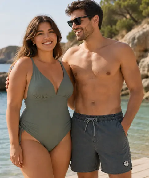 Frau und Mann in moderner Bademode am Strand – sommerliche Looks für entspannte Tage am Meer