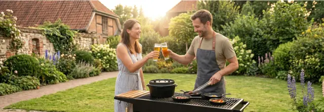 Een man en een vrouw klinken met glazen bij een barbecue in een tuin met bloemen, met een bakstenen huis op de achtergrond.