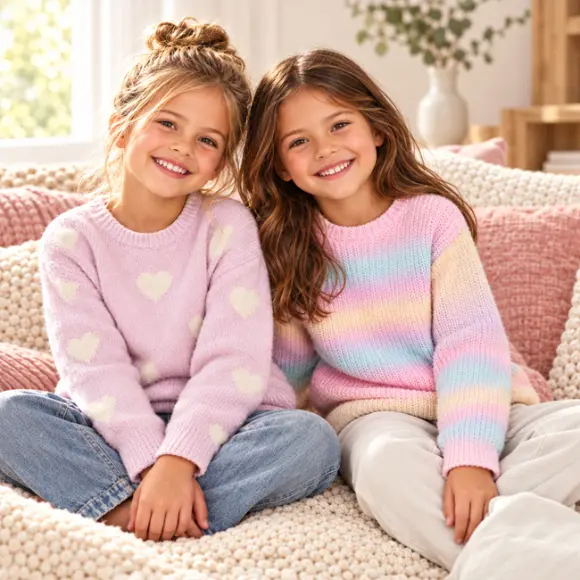 Twee meisjes in zachte gebreide truien met hartjes en regenboogkleuren
