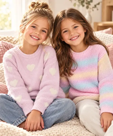 Twee meisjes in zachte gebreide truien met hartjes en regenboogkleuren