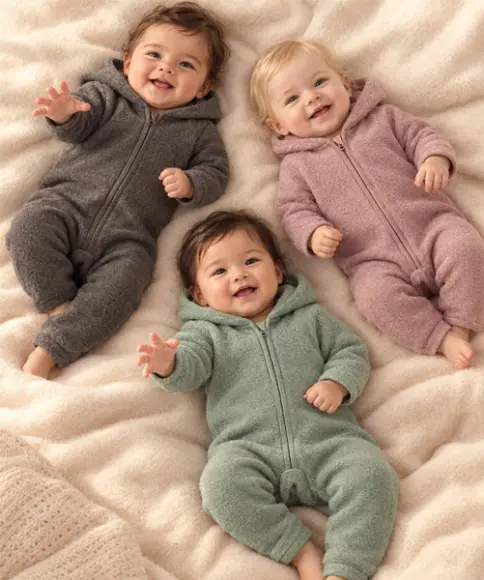 Baby in een beige merinowollen overall met capuchon zit warm aangekleed in de kinderwagen