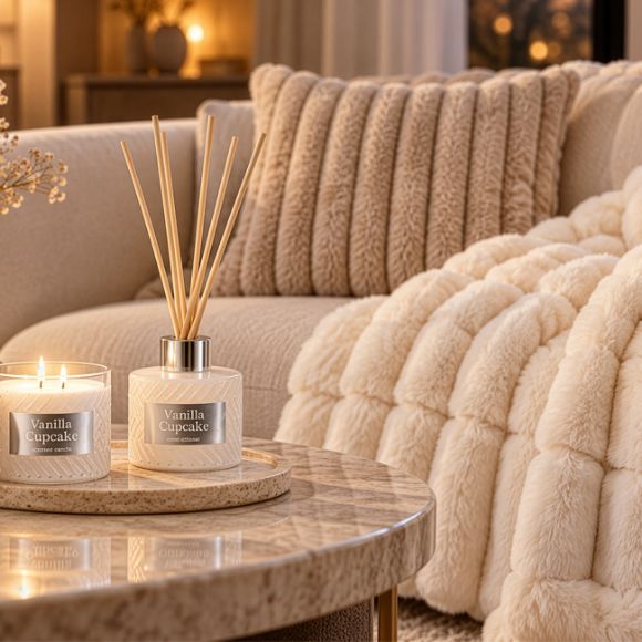 Gezellige woonaccessoires met geurkaars, huisparfum en plaid