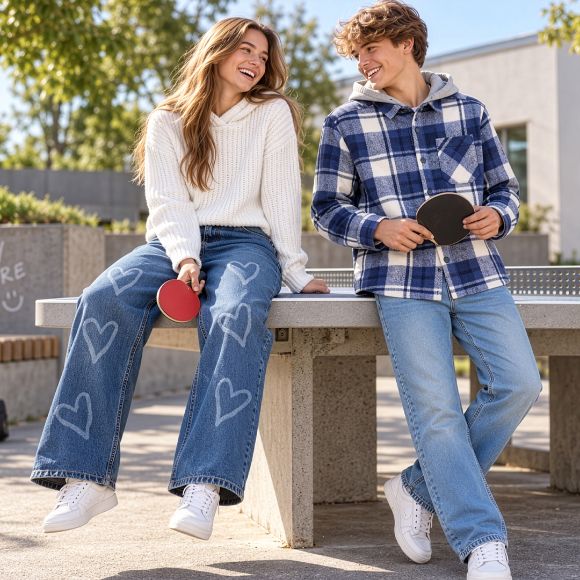 Een tienermeisje en een tienerjongen zitten buiten op een tafeltennistafel. Beiden dragen jeans en casual bovenkleding en de jongen houdt een tafeltennisbatje vast.