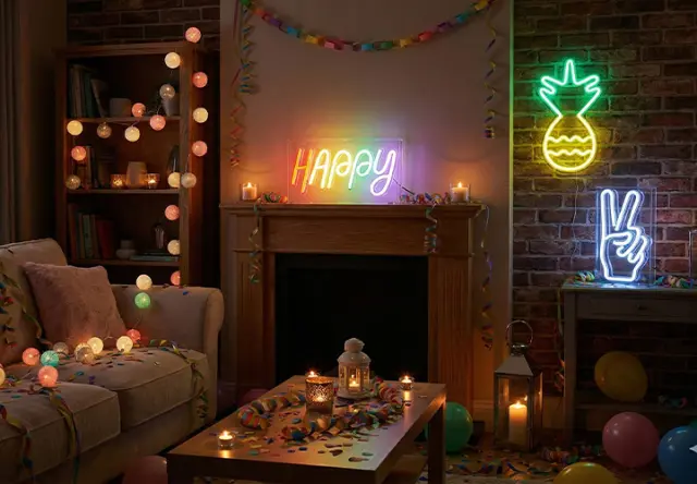 Gezellig ingerichte woonkamer met kleurrijke lichtslingers, kaarsen en neonborden in regenboogkleuren, omringd door slingers en ballonnen.