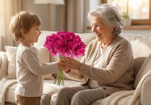 Een jong kind geeft een boeket levendige roze bloemen aan een oudere vrouw. Beiden zitten op een gezellige bank in een lichte woonkamer.