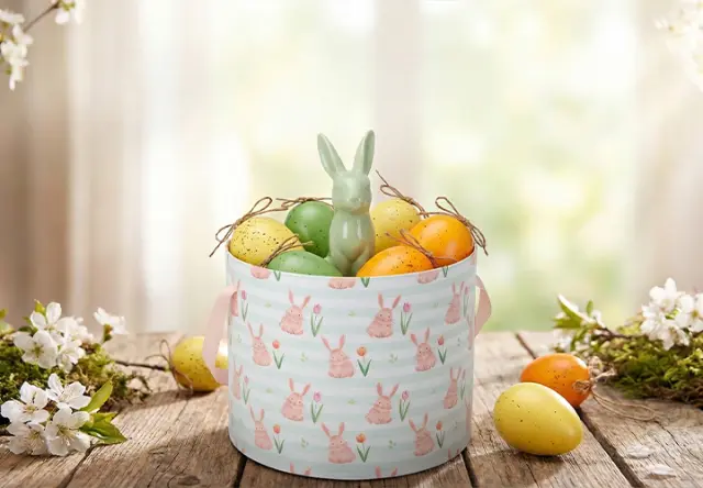 Een decoratieve mand gevuld met kleurrijke paaseieren en een groen konijnenfiguurtje, omringd door witte bloemen op een houten tafel.
