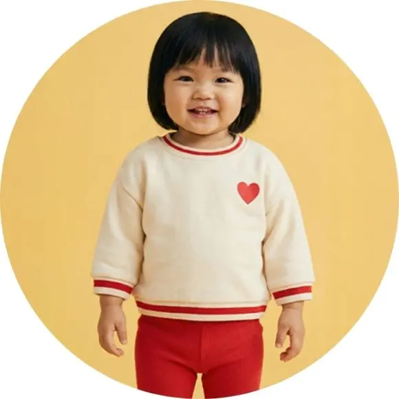 Een kind draagt een beige sweatshirt met rode accenten en een klein hartje tegen een gele achtergrond.
