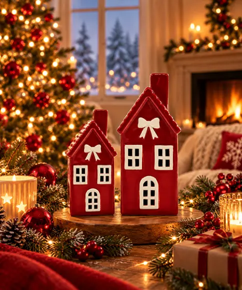 Kerstdecoratie met rode keramieken huisjes, kerstboom en lichtjes