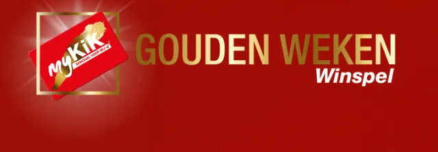 Promotiebanner voor “MyKiK” met de “Gold Weeks”-wedstrijd, waarbij 10 prijzen van een jaar lang gratis winkelen worden aangeboden.