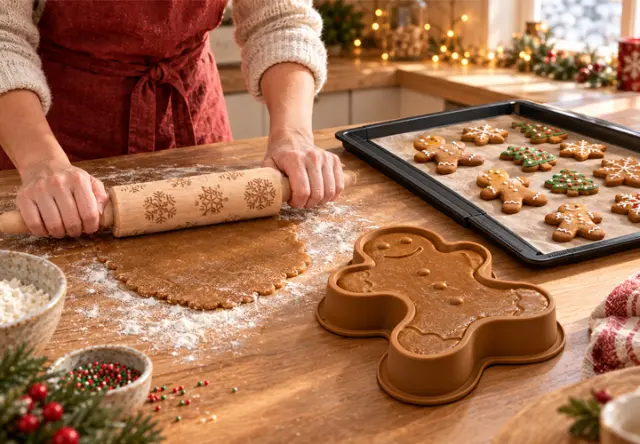 Kerstbakken met feestelijke bakaccessoires Kerstdeeg wordt uitgerold met een deegroller, daarnaast liggen peperkoekfiguren en een bakvorm
