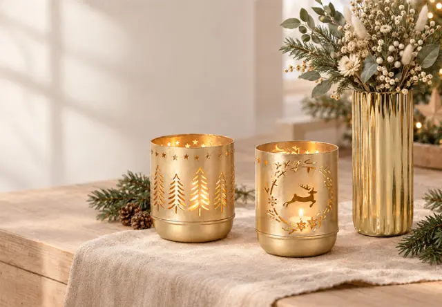 Twee gouden windlichten met kerstmotieven en droogbloemen in een natuurlijke decoratie