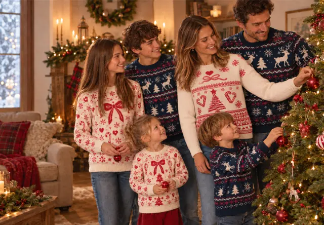 Kersttruien voor het hele gezin Gezin met vier kinderen draagt feestelijke kersttruien in rood, wit en blauw en versiert samen de kerstboom