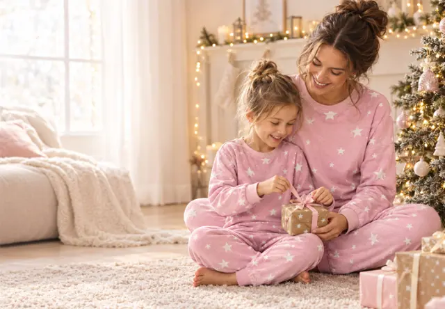 Kerstpyjama's voor het gezin Moeder en dochter dragen bijpassende roze pyjama's met sterren en pakken samen een kerstcadeau uit