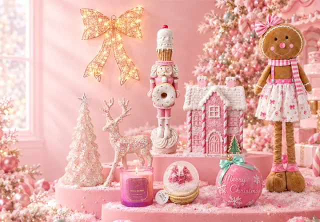 Roze kerstdecoratie met speelse motieven Speelse roze kerstdecoratie met peperkoekfiguur, notenkraker, rendier en glinsterende accessoires