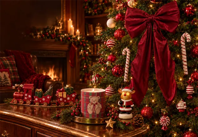 Traditionele kerstdecoratie in rood en goud Klassieke kerstdecoratie in rood en goud met versierde kerstboom, strik en feestelijke accessoires