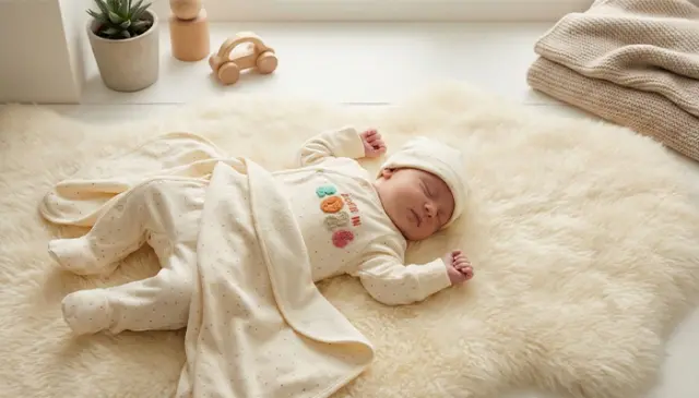 Baby in crèmekleurige romper op zachte vacht, met deken en houten speelgoed.