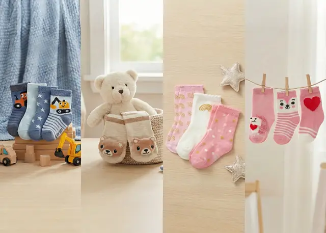 Kleurrijke kindersokken met diverse speelse designs, gepresenteerd met een teddybeer en lichtdecoratie in een gezellige setting.