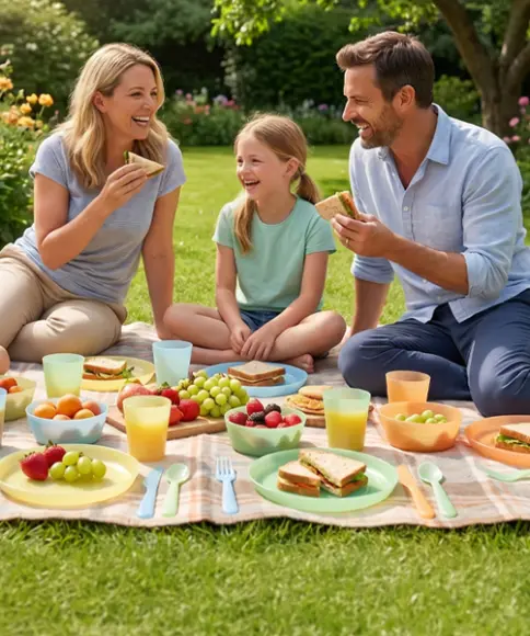 Gezin geniet van een picknick in de tuin op een kleed met snacks en drankjes – samen ontspannen en genieten in het groen
