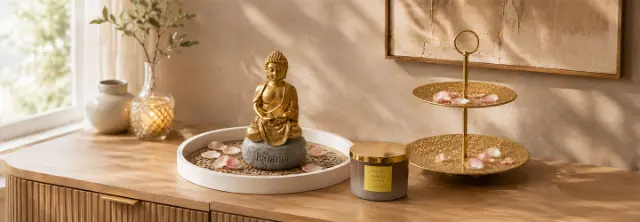 Gouden Boeddhabeeldje op een „Balance”-steen, naast een gouden etagère met bloemblaadjes en een geurkaars „Morning Citrus” op een houten kast.