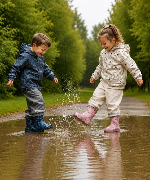 Kinderen in regenkleding en regenlaarzen spelen vrolijk in een plas op een bospad