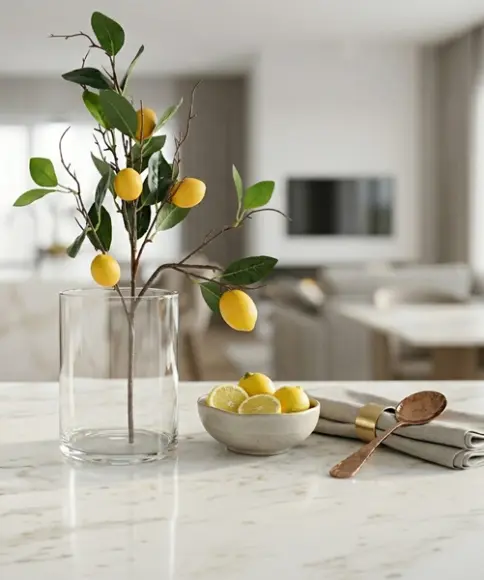 Decoratieve tak met citroenen in glazen vaas – frisse blikvanger voor natuurlijke en stijlvolle woonaccenten