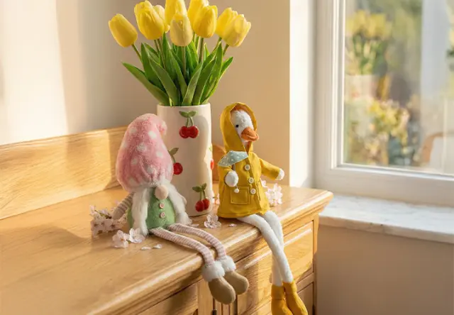 Twee knuffelfiguren zitten op een houten oppervlak naast een vaas met felgele tulpen. Het tafereel is vrolijk en kleurrijk.