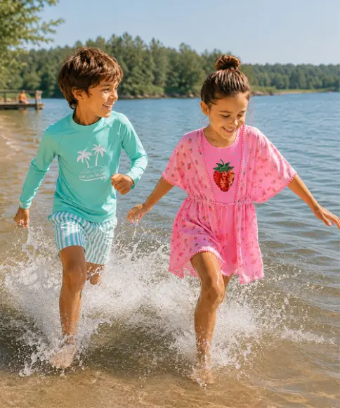 Twee kinderen rennen lachend langs de oever van een meer, het meisje draagt een roze jurk met aardbeienprint en de jongen een turquoise shirt met palmprint.