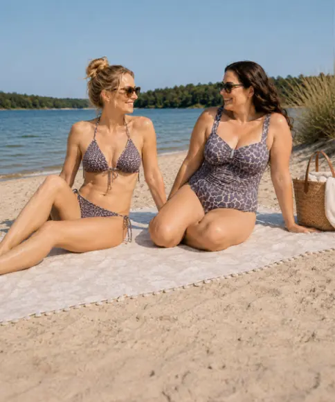 Twee vrouwen in badkleding met dierenprint zitten op een stranddeken bij het water, met een strooien tas en een handdoek naast zich.