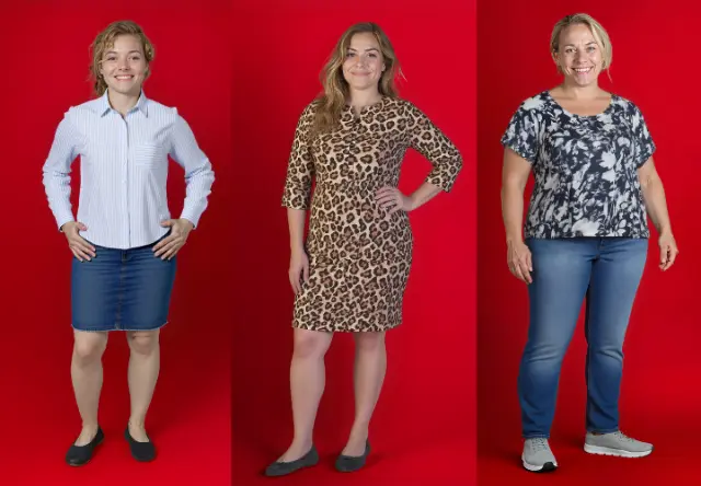 Drie outfits tegen een felrode achtergrond: een gestreept shirt met rok, een jurk met luipaardprint en een bloemen top met jeans.