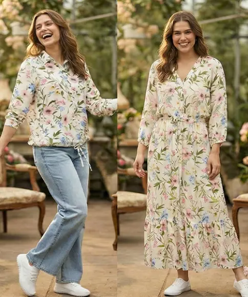 Een kas met bloemmotieven, gevuld met kleurrijke bloemen, met een persoon in vrijetijdskleding aan de linkerkant en een lange jurk aan de rechterkant.