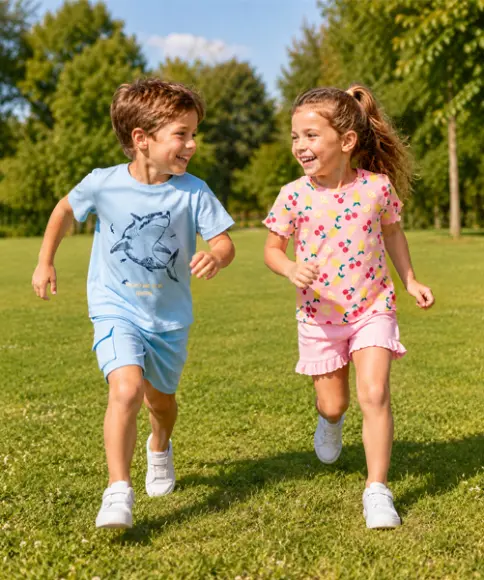 Kinderen in gelicentieerde Nintendo-kleding met Stitch- en Super Mario Yoshi-print spelen in een zonnig park