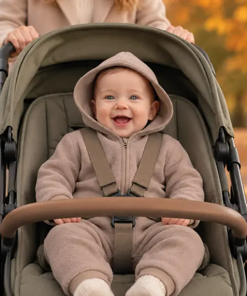 Baby in een beige merinowollen overall met capuchon zit warm aangekleed in de kinderwagen