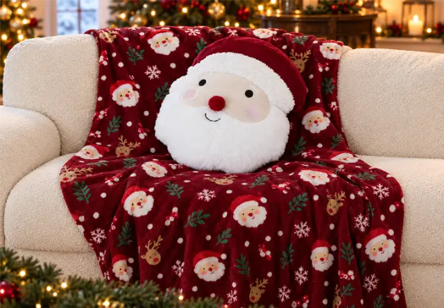 Kerstdekens en kussens Knusse rode kerstdeken met kerstman- en rendiermotieven en een rond kerstmannenkussen op de bank