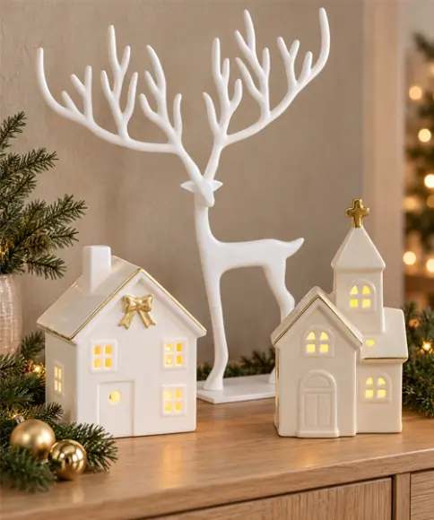 Natuurlijke kerstdecoratie met wit hert, verlichte keramieken huisjes, dennentakken en gouden kerstballen