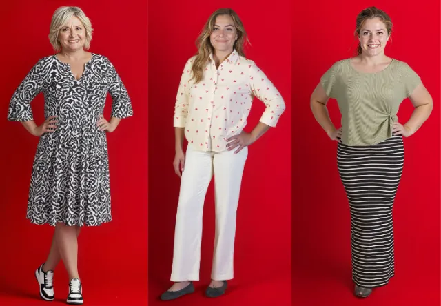 Eén of meerdere vrouwen tonen stijlvolle outfits tegen een felrode achtergrond – waaronder jurken met patronen, bedrukte shirts, broeken en rokken met strepen.
