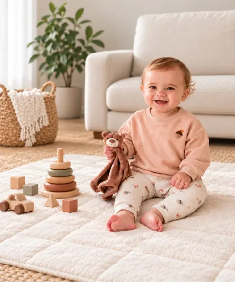 Vrolijke baby in zachte babykleding van biologisch katoen zit met een knuffel op een speelkleed