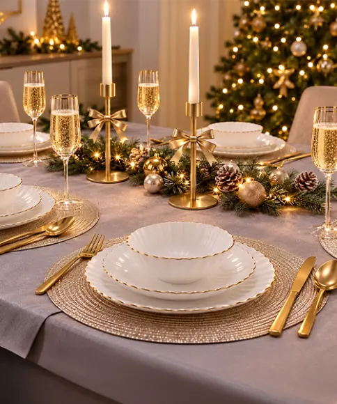 Feestelijk gedekte kersttafel met wit servies met gouden rand, gouden kandelaars, champagneglazen en kerstdecoratie