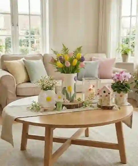 Lichte woonkamer met lentedecoratie, bank, bloemen, vazen en decoratieve woonaccessoires