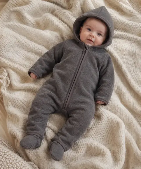 Baby in een beige merinowollen overall met capuchon zit warm aangekleed in de kinderwagen
